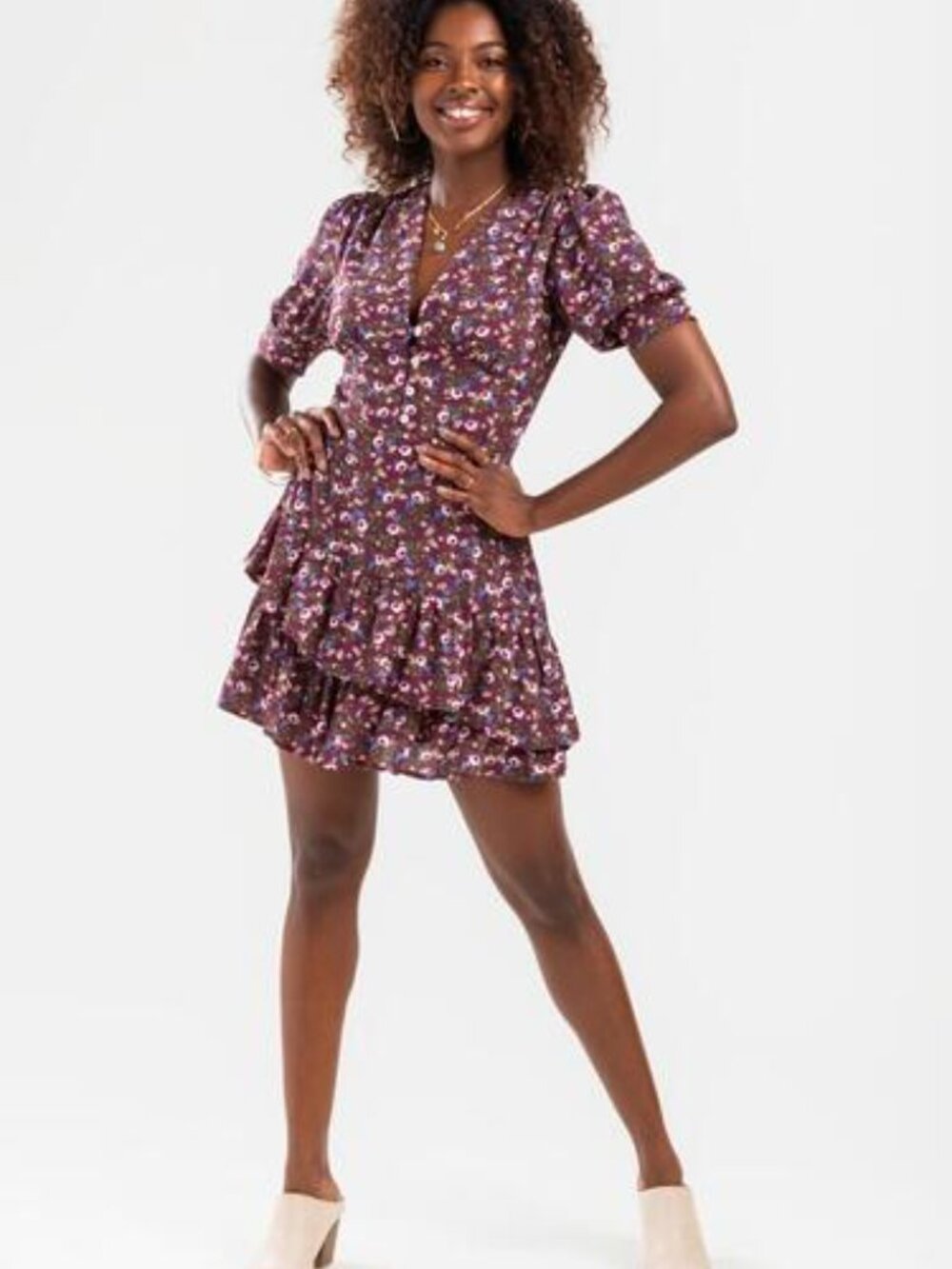 Francesca's Mi Ami dress purple ditsy floral tiered ruffle V-neck lined XXS 2XS